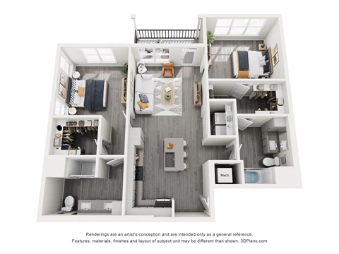 Floor plan for 2 beds, 2 baths, 1233 sqft
